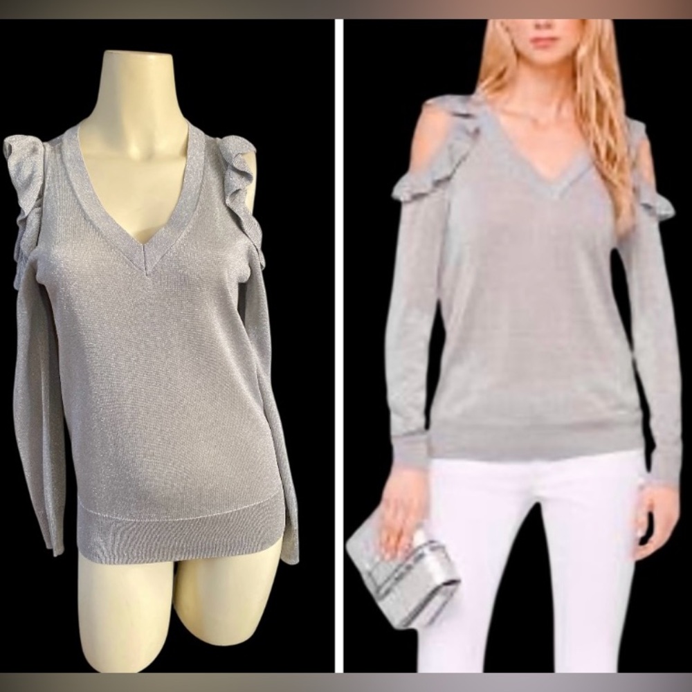 Michael Kors metallic knit ruffled cold-shoulder sweater, long sleeve